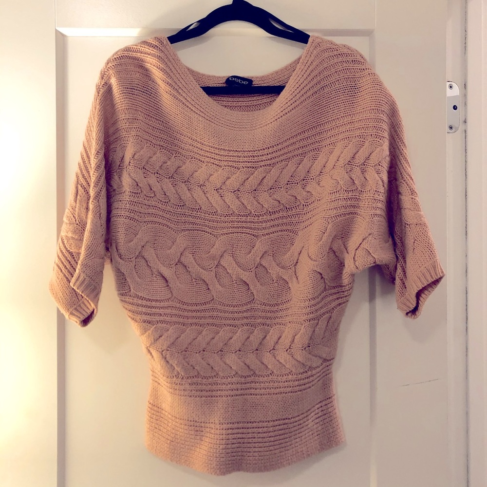 bebe Beige Off-the-Shoulder Cable Knit Sweater